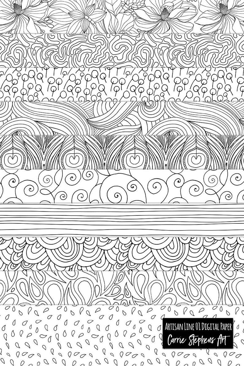 May include: A set of 8 black and white digital papers featuring various line art patterns. The patterns include swirls, dots, waves, and abstract designs. The text "Artisan Line 01 Digital Paper Carrie Stephens Art" is at the bottom of the image.