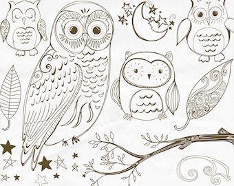 Owl Digital Stamp Outline, Cute Woodland Owl Line Art, PNG Doodle + Photoshop Brush, Owl Hand Embroidery Clip Art Pattern Download