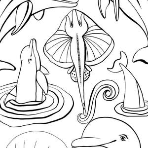 Pode incluir: Um desenho a preto e branco de v&aacute;rias criaturas marinhas, incluindo golfinhos, uma arraia manta, uma &aacute;gua-viva e uma raia. A imagem &eacute; uma p&aacute;gina para colorir.