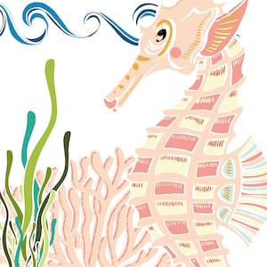 May include: A pink and yellow seahorse with a blue wave behind it. The seahorse is surrounded by coral and seaweed.