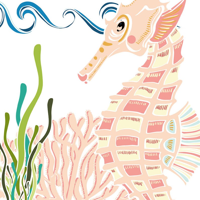 May include: A pink and yellow seahorse with a blue wave behind it. The seahorse is surrounded by coral and seaweed.