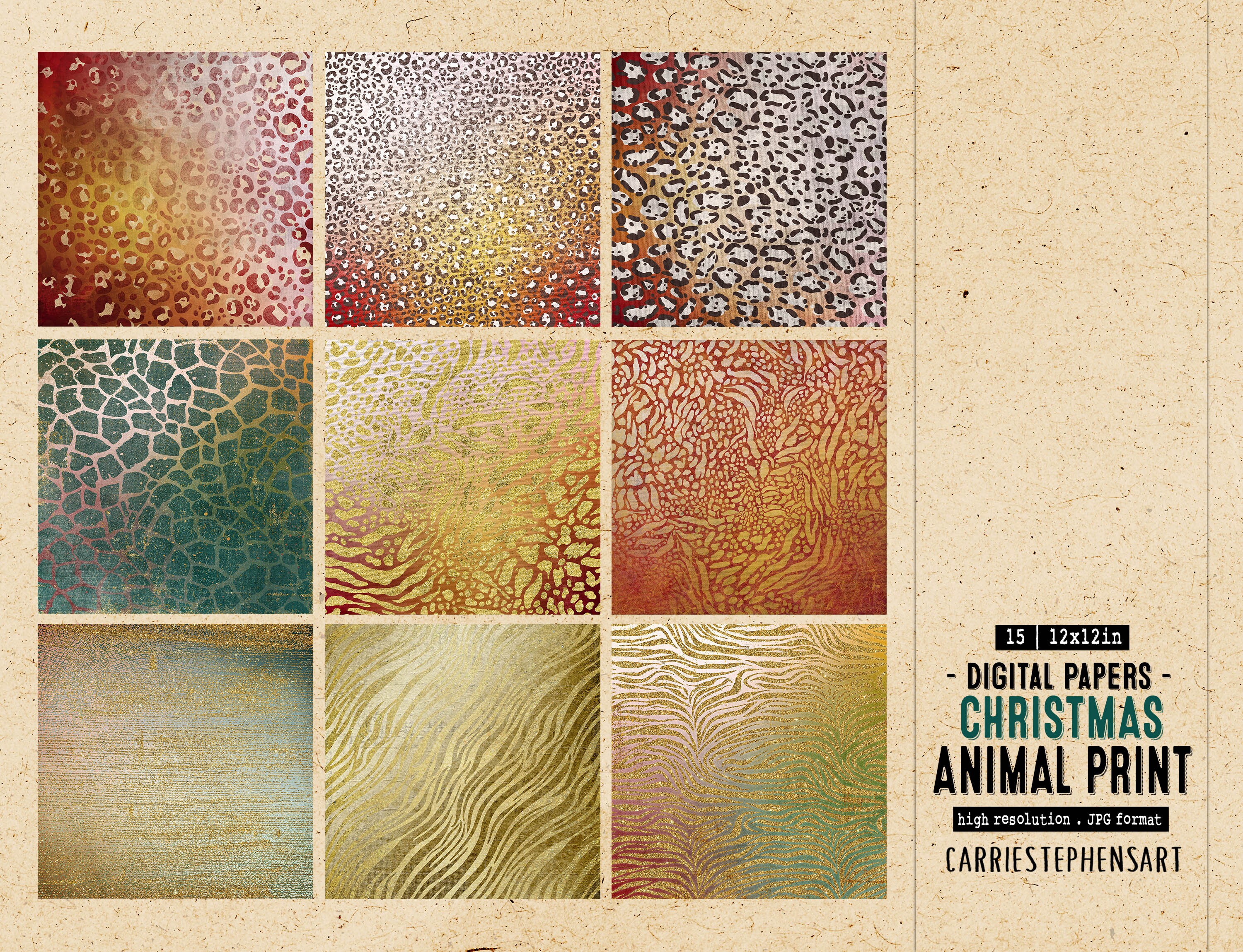 Christmas Animal Print Digital Paper, Leopard Pattern Textured ...