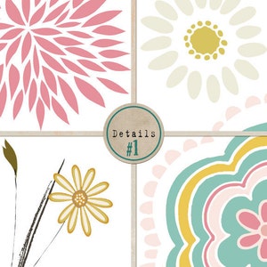 May include: A digital collage of four floral designs. The top left design is a pink flower with a circular shape. The top right design is a white flower with a yellow center. The bottom left design is a yellow flower with a brown stem. The bottom right design is a multi-colored flower with a blue, yellow, and pink color scheme. The text "Details #1" is in the center of the image.