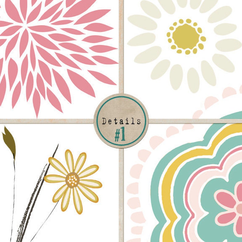 May include: A digital collage of four floral designs. The top left design is a pink flower with a circular shape. The top right design is a white flower with a yellow center. The bottom left design is a yellow flower with a brown stem. The bottom right design is a multi-colored flower with a blue, yellow, and pink color scheme. The text "Details #1" is in the center of the image.