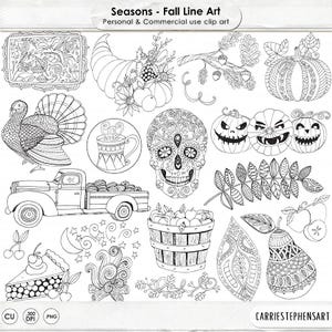 Op de afbeelding: Een set zwart-witte lijntekeningen met herfstthema's, waaronder een kalkoen, een schedel, pompoenen, een vrachtwagen, een taart, een mand appels en een peer. De illustraties zijn perfect om in te kleuren, te knutselen of om een ​​herfsttint aan je ontwerpen toe te voegen.