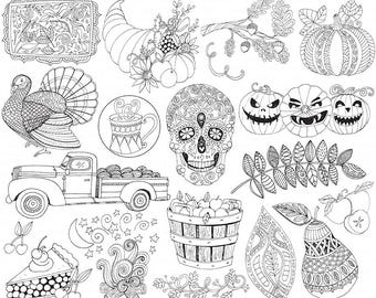 Halloween Clip Art, Fall Line Art Bundle, Thanksgiving ClipArt, Digital Stamps, Pumpkin LineArt Designs, Skull, Turkey, Card Making Images