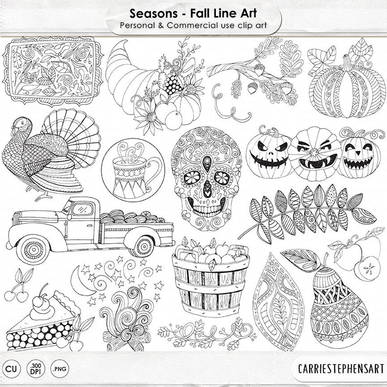 May include: A set of black and white line art illustrations featuring fall themes, including a turkey, a skull, pumpkins, a truck, a pie, a basket of apples, and a pear. The illustrations are perfect for coloring, crafting, or adding a touch of fall to your designs.