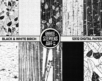 Black & White Birch Wood Grain Digital Paper Pack, Textured Scrapbook Background Papers, Winter Wedding Album, Snowy Woodland Forest ClipArt