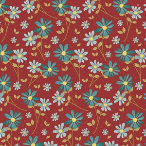 May include: A seamless pattern featuring teal blue flowers with yellow centers on a red background. The flowers are arranged in a repeating pattern with small white flowers scattered throughout.