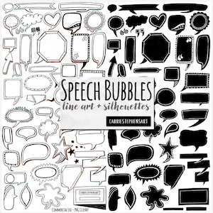 Spraakballon ClipArt Comic Book Graphics, transparante PNG-labelsjablonen, zwart-wit grenskader lijntekeningen, silhouetafbeeldingsbundel