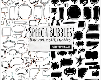 Speech Bubble ClipArt Comic Book Graphics, Transparent PNG Label Templates, Black & White Border Frame Line Art, Silhouette Image Bundle