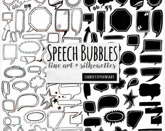 Speech Bubble ClipArt Comic Book Graphics, Transparent PNG Label Templates, Black & White Border Frame Line Art, Silhouette Image Bundle