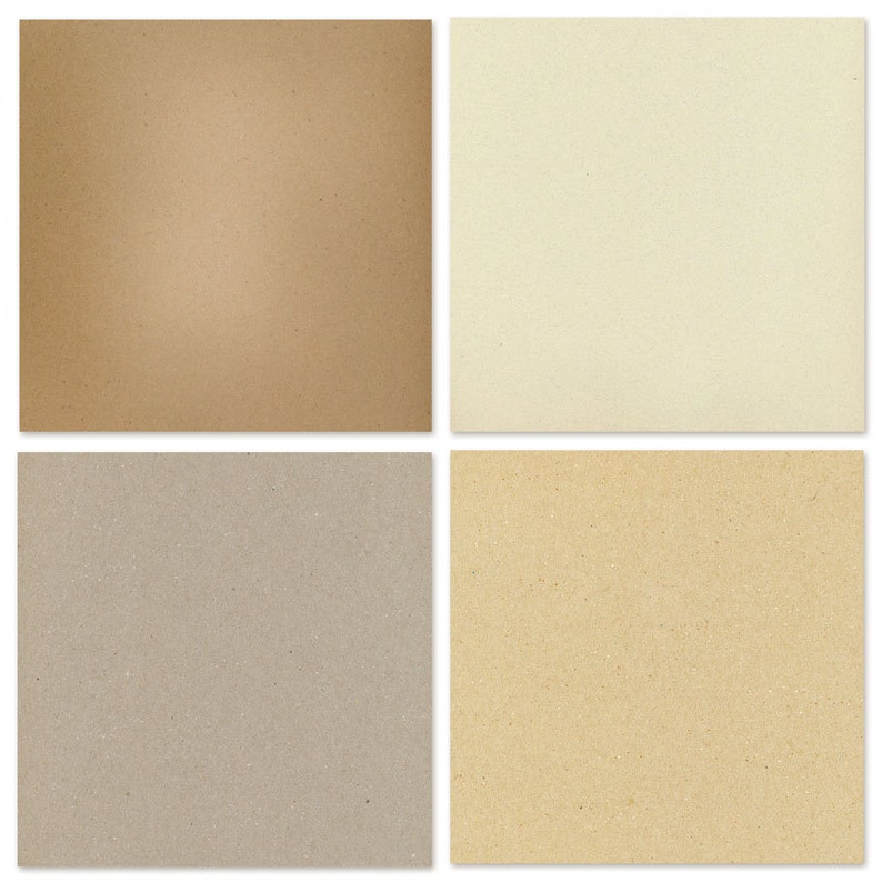 May include: Four different textured paper samples. The top left sample is a light brown with a subtle gradient. The top right sample is a light cream color. The bottom left sample is a light gray with a speckled texture. The bottom right sample is a light beige with a speckled texture.