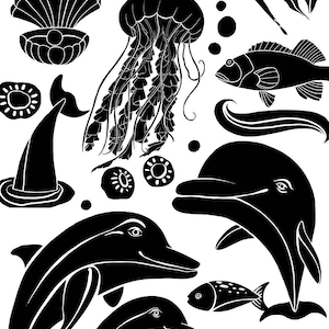 Pode incluir: Ilustra&ccedil;&otilde;es em silhueta em preto e branco de v&aacute;rios animais marinos, incluindo golfinhos, medusas, peixes, raias e um caranguejo eremita. O texto "Ocean Animals" e "Dolphin Cove" est&aacute; na parte superior da imagem.
