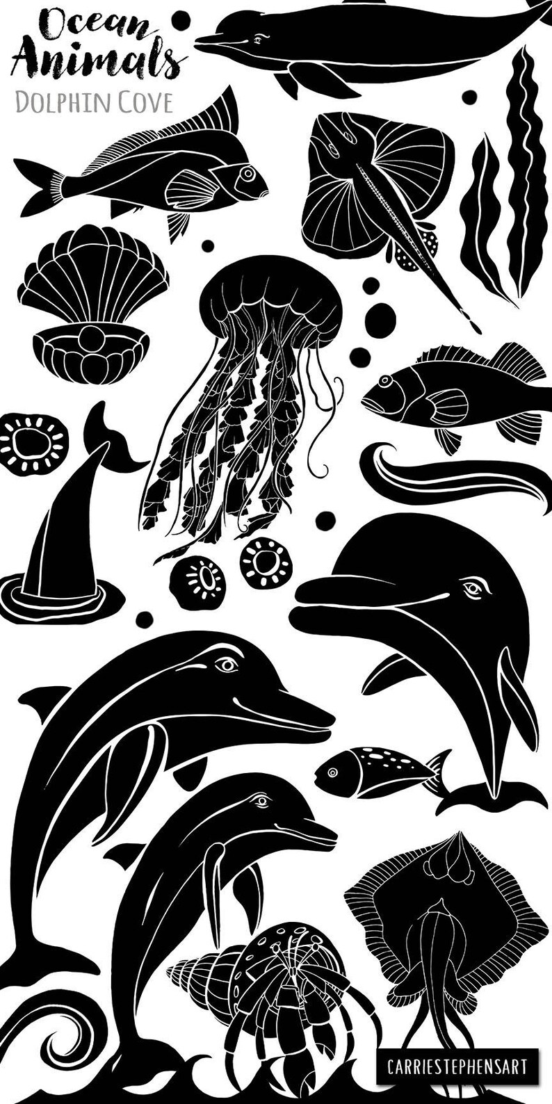Pode incluir: Ilustra&ccedil;&otilde;es em silhueta em preto e branco de v&aacute;rios animais marinos, incluindo golfinhos, medusas, peixes, raias e um caranguejo eremita. O texto "Ocean Animals" e "Dolphin Cove" est&aacute; na parte superior da imagem.