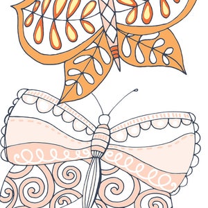 May include: Two butterflies with intricate patterns. One butterfly is orange with yellow accents and the other is pink with white and gray swirls.