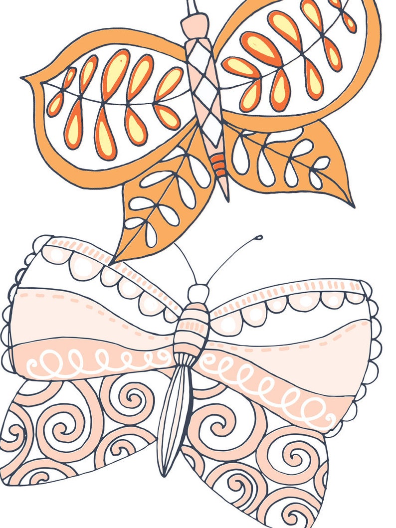 May include: Two butterflies with intricate patterns. One butterfly is orange with yellow accents and the other is pink with white and gray swirls.