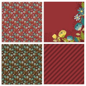 May include: Four digital paper patterns featuring a red background with a floral design. The patterns include a red background with small blue flowers, a red background with a floral border, a brown background with small blue flowers, and a red background with diagonal stripes.