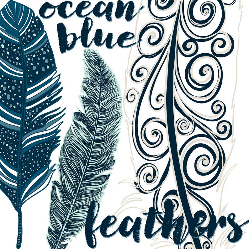 Navy Blue Feather Clip Art, Indian Summer Digital Illustration Download, Ocean Blue & Turquoise Tribal ClipArt, PNG Graphic Art image 2