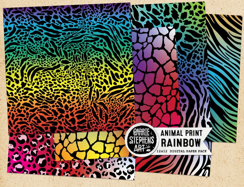 May include: A collection of 12x12 inch digital paper packs featuring vibrant animal print patterns in rainbow colors. Designs include zebra stripes, leopard spots, and giraffe patterns. The text on the paper reads "Animal Print Rainbow" and "12x12 Digital Paper Pack."