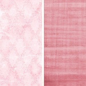 Op de afbeelding: Een roze achtergrond met een witte rand aan de linkerkant. De linkerkant heeft een delicaat, herhalend patroon van spiralen. De rechterkant is effen roze met een subtiele, textuurrijke linnenlook.