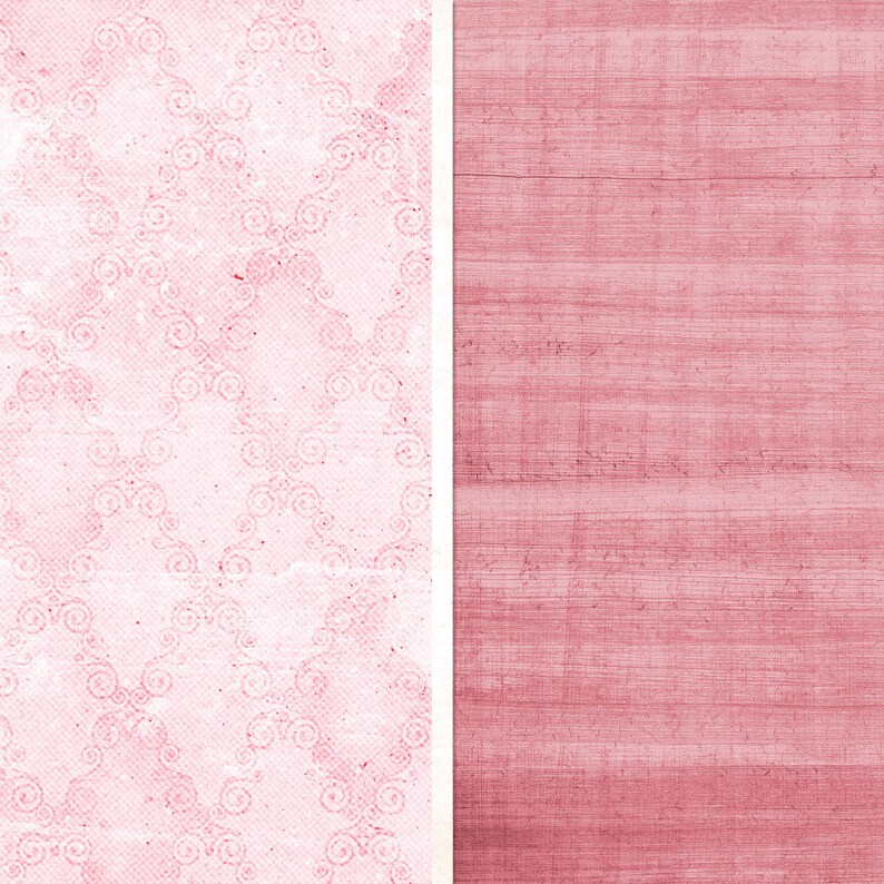 Op de afbeelding: Een roze achtergrond met een witte rand aan de linkerkant. De linkerkant heeft een delicaat, herhalend patroon van spiralen. De rechterkant is effen roze met een subtiele, textuurrijke linnenlook.