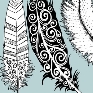 May include: Three black and white stylised feathers with intricate designs. The feather on the left has a geometric pattern, the middle feather has a swirling pattern, and the feather on the right has a fluffy texture.