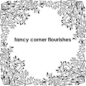Puede incluir: Adornos decorativos de esquina en blanco y negro con un dise&ntilde;o floral caprichoso. El texto "fancy corner flourishes" est&aacute; centrado en el medio de la imagen.