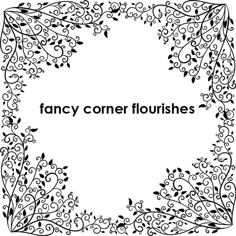 Puede incluir: Adornos decorativos de esquina en blanco y negro con un dise&ntilde;o floral caprichoso. El texto "fancy corner flourishes" est&aacute; centrado en el medio de la imagen.