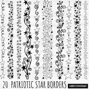 May include: Twenty black and white star border designs. The borders feature stars, swirls, and other decorative elements. The designs are perfect for adding a patriotic touch to any project.