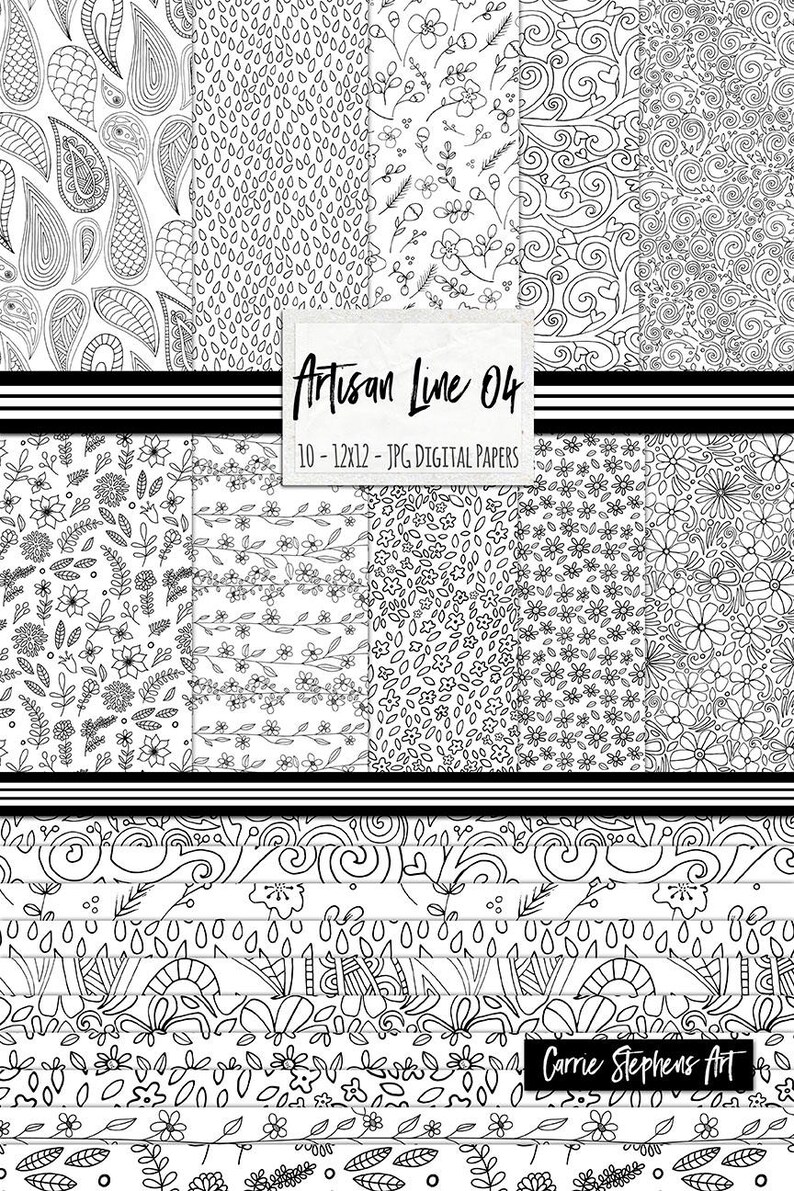 Puede incluir: Un conjunto de 10 papeles digitales con patrones de arte de l&iacute;nea en blanco y negro. Los patrones incluyen dise&ntilde;os de paisley, florales y abstractos. Los papeles miden 30,5 x 30,5 cm y son perfectos para scrapbooking, creaci&oacute;n de tarjetas y otros proyectos de manualidades. El texto "Artisan Line 04" se muestra en la imagen.