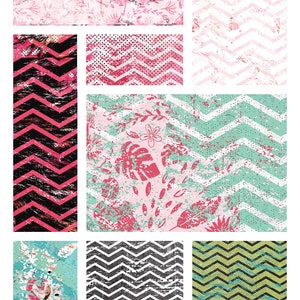 Tropical Flamingo Chevron Pattern Digital Backgrounds, Vacation Scrapbook Papers for crafters, Shabby Distressed Texture, Instant Download image 5