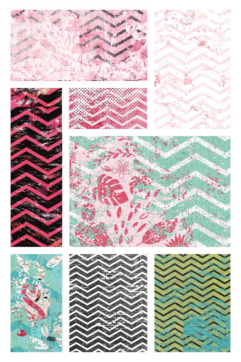 Tropical Flamingo Chevron Pattern Digital Backgrounds, Vacation Scrapbook Papers for crafters, Shabby Distressed Texture, Instant Download image 5