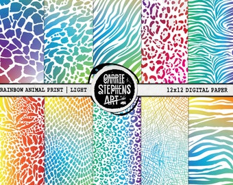 Rainbow Animal Print Digital Paper, Printable Leopard Print Patterned Backgrounds | Cheetah, Zebra, Snake Pattern Scrapbook Paper