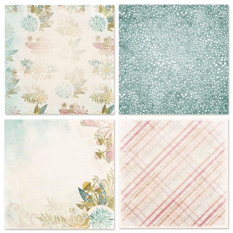 Puede incluir: Un conjunto de cuatro dise&ntilde;os de papel digital con una variedad de patrones. El primer papel tiene un patr&oacute;n floral con flores rosas, azules y verdes sobre un fondo blanco. El segundo papel tiene un fondo azul claro con un patr&oacute;n floral blanco. El tercero tiene un fondo azul claro y blanco con un borde floral. El cuarto papel tiene un patr&oacute;n de cuadros rosa y blanco.