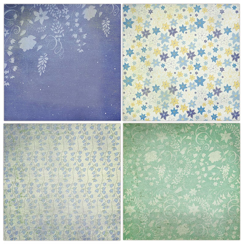 May include: Four digital paper designs featuring floral patterns in shades of blue, green, yellow, and white. The designs are perfect for scrapbooking, card making, and other paper crafts.