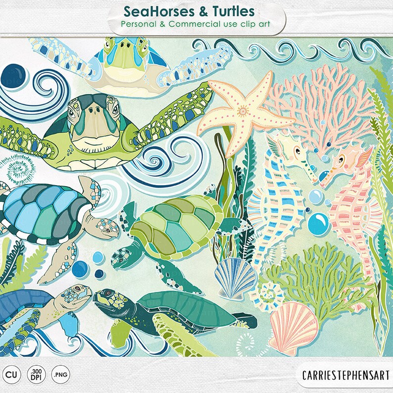 May include: A digital illustration of seahorses and turtles in a blue and green ocean scene. The illustration features a variety of sea creatures, including seahorses, turtles, starfish, and coral. The illustration is perfect for use in a variety of creative projects, such as scrapbooking, card making, and digital design.