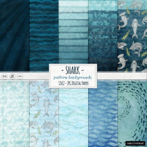 May include: A collection of digital paper backgrounds with a shark theme. The designs feature various shades of blue and teal, with patterns including waves, textures, and shark illustrations. The text "SHARK - pattern backgrounds" is displayed on a white rectangle.