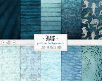 Shark Background, Blue Scrapbooking Printable Digital Paper, Under the Sea, Beach Scrapbook, Ocean Theme, Water Pattern Paper Pack