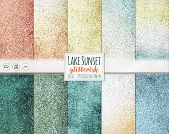 Lake Sunset Glitter Digital Paper | Blue, Green, Yellow, Orange Scrapbooking Paper | Instant Download