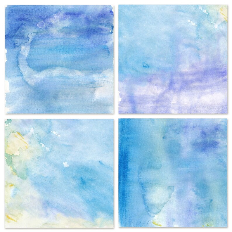 K&ouml;nnte beinhalten: Vier Aquarelle in Blaut&ouml;nen, Lila und Gelb. Die Bilder sind abstrakt und zeigen weiche, flie&szlig;ende Pinselstriche.