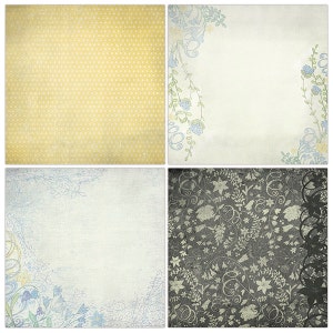 May include: Four digital paper designs featuring floral patterns in shades of blue, green, and yellow. The designs include a polka dot pattern, a floral border, a floral pattern on a white background, and a floral pattern on a gray background.