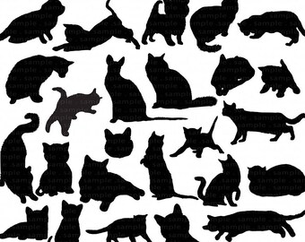 Cat Clip Art, Cat Silhouettes, Kitten Digital Stamps, Kitty ClipArt PNG Images + Photoshop Brush, Cute Animal Instant Download