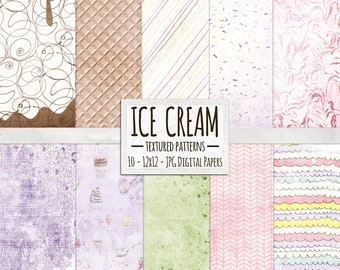 Ice Cream Digital Paper, Sweet Pastel Background, Confetti Sprinkles, Waffle Cone Texture, Playful Scallop and Chocolate Swirls Patterns
