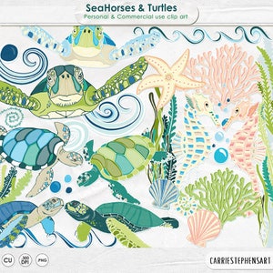 Sea Turtle ClipArt, SeaHorse ClipArt, Ocean Animal Graphics, Under the Sea Printable PNG Download, Tropical Summer Vacation, Aquarium