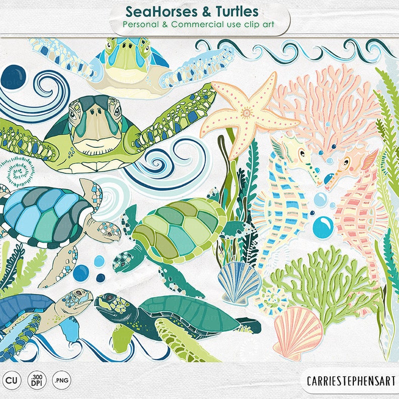 May include: A digital clip art set featuring seahorses and sea turtles. The set includes a variety of seahorse and sea turtle illustrations, as well as starfish, coral, and seaweed. The illustrations are in a cartoon style and are perfect for use in a variety of creative projects.