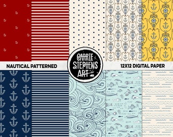 Papel digital náutico, Patrón de ancla, Fondo de boda náutica de verano, Agua y olas, Azul, Papel de álbum de recortes rojo, Descargar