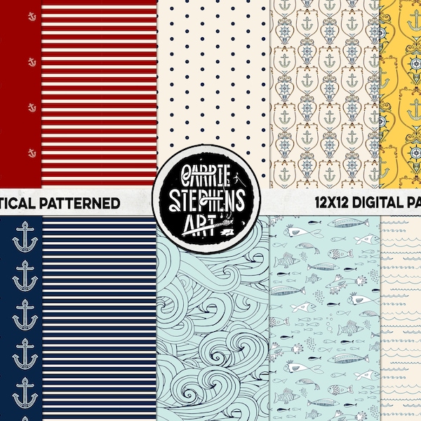 Nautical Digital Paper, Anchor Pattern, Summer Nautical Wedding Background, Water & Waves, Blue, Red Scrapbook Paper, Download