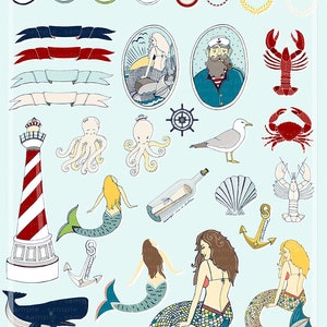 Nautical Mermaid ClipArt PNG Images, Lighthouse & Beach Digital Graphics, Under the Sea Party Clip Art, Summer Vacation image 2