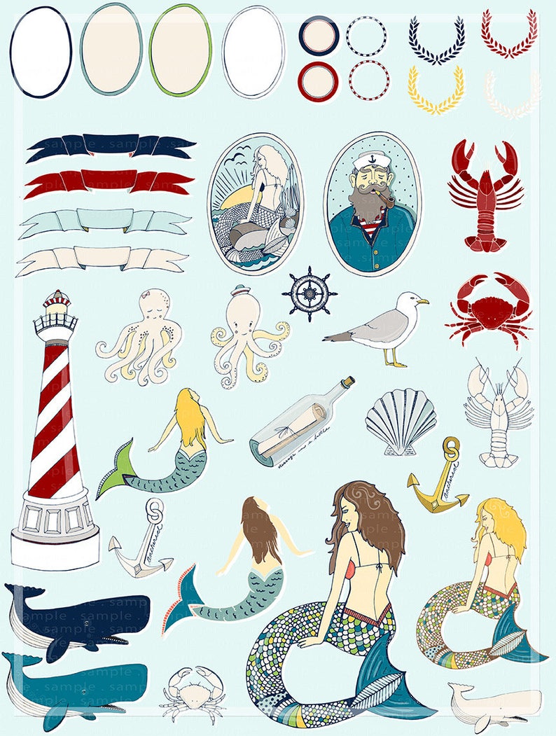 Nautical Mermaid ClipArt PNG Images, Lighthouse & Beach Digital Graphics, Under the Sea Party Clip Art, Summer Vacation image 2